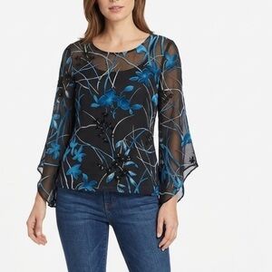 Alfani Black Sheer Blouse with Teal Floral Embroidery